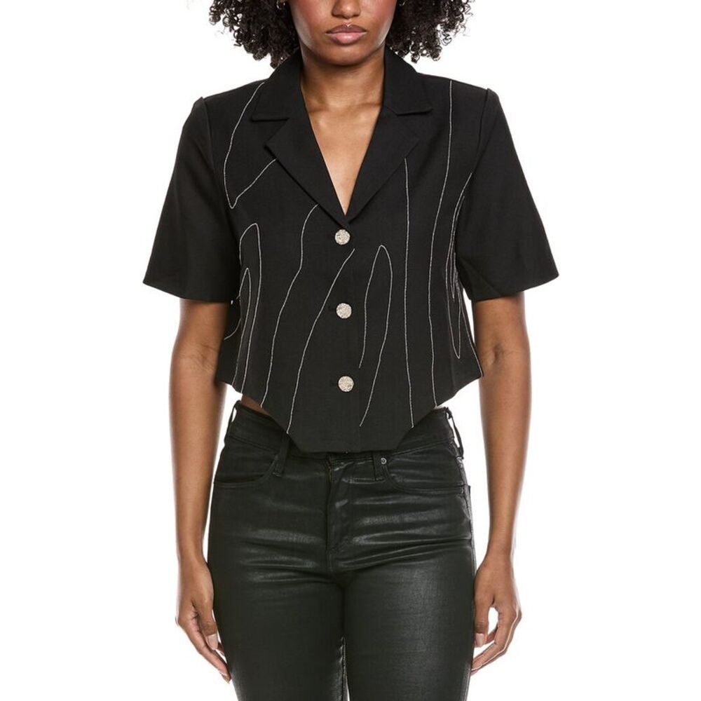 Gracia Womens  Chain Embellished Short Sleeve Cropped Blouse, Black